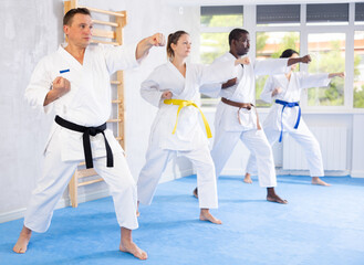 Fototapeta na wymiar Group of multiethnic people in kimonos train karate techniques in studio
