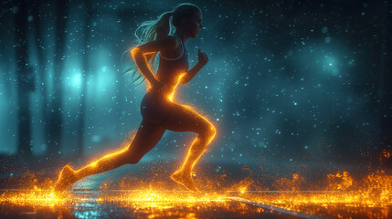 This athletic woman's glowing silhouette showcases dedication to fitness and speed
