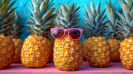 Cool Pineapple Wearing Sunglasses Amongst Group on Blue
