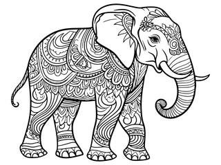 Coloring book full length elephant antistress, natural environment. Generative ai, black lines