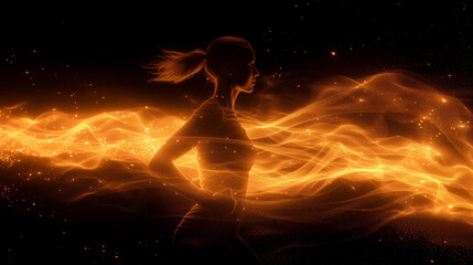 The glowing silhouette of female athlete in motion creates a stunning visual display