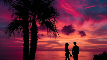 A creative composition of a couple's silhouettes against the vibrant colors of a sunrise on the French Riviera, forming a visually striking and romantic scene, with space for dream