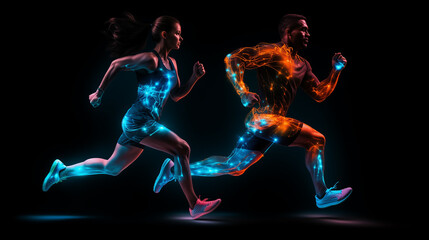 Fototapeta na wymiar Glowing silhouettes of a sporty man and woman in a high-energy run against black backdrop