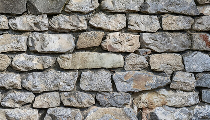 Closeup of wall made of grey natural shape fieldstones