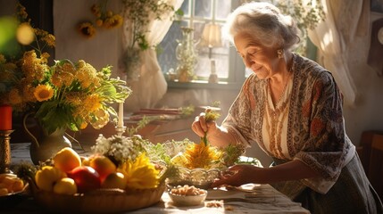 Elegant senior lady with gray hair decorates the kitchen with flowers in the rays of the sun from the window