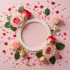 Mother's Day concept. Top view photo of empty circle small roses hearts and sprinkles on isolated pastel red background with copyspace. Valentine's day concept.