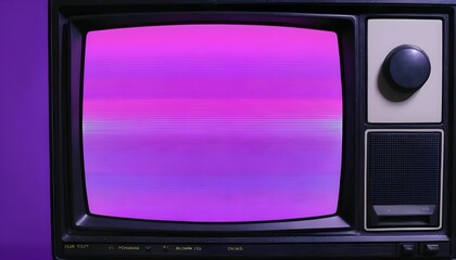 80s Retro wave style background displayed on vintage tv screen. VHS noise and glitch effects. Bright purple colors. Old display created with generative ai