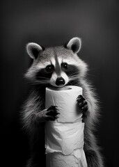 Obraz premium Funny raccoon and toilet paper poster, bathroom poster, funny raccoon , bathroom poster 