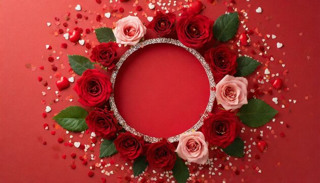 Mother's Day concept. Top view photo of empty circle small roses hearts and sprinkles on isolated pastel red background with copyspace