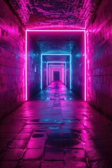 Wallpaper, abstract background, neon light glowing through a dark tunnel, in the style of layered geometry, violet and aquamarine, high-angle