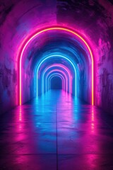 Wallpaper, abstract background, neon light glowing through a dark tunnel, in the style of layered geometry, violet and aquamarine, high-angle