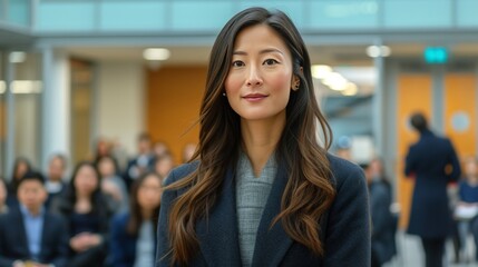 Obraz premium asian woman in front of a group of people, people are sitting around a desk giving a presentation at a business meeting 