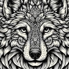 black and white wolf head, tattoo art, illustration, pattern, wolf, design