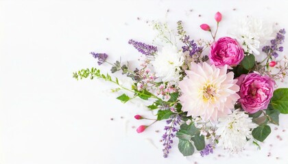 Fototapeta premium Festive flower composition on the white background. Overhead view 