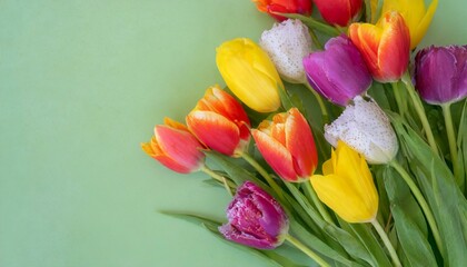 Mother's Day concept. Top view vertical photo of colorful tulips and on isolated light green background with empty space. Valentine's day concept.