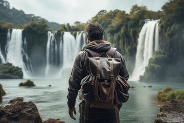 Naklejka premium A traveler visiting a majestic waterfall, feeling the power and beauty of cascading water. Concept of natural wonders and awe-inspiring sights. Generative Ai.