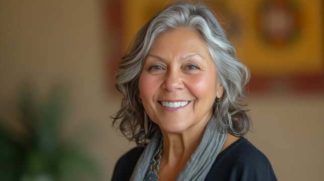 beautiful over 60 years old hispanic woman with shoulder length hair, smiling in front of a golden brown background, 