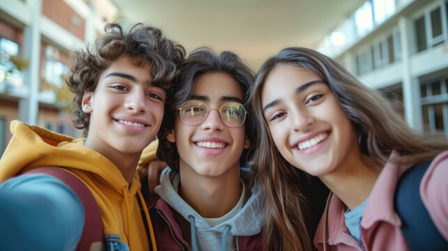happy multiracial teenager classmate students selfie with smartphone together.