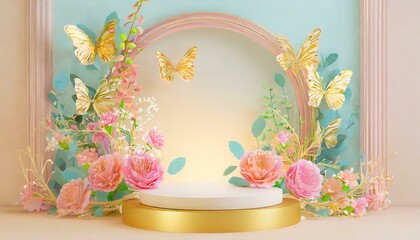 Product podium showcase mockup, flowers and butterlies decoration, product platform mock up