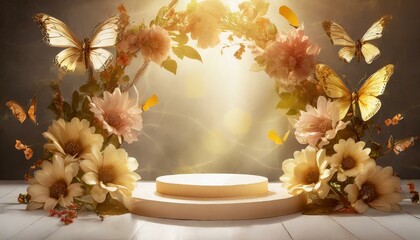 Product podium showcase mockup, flowers and butterlies decoration, product platform mock up