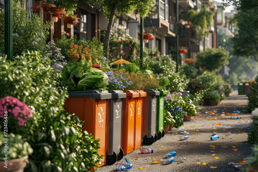 Poster a community setting up a local recycling program, promoting environmental responsibility. concept of