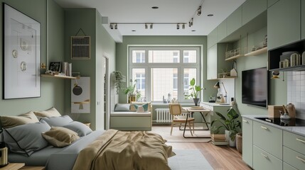 Fototapeta na wymiar Scandinavian style small studio apartment with stylish design in sage green colors with big window, living room, kitchen space and bed 