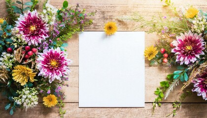 Flowers background with empty white paper on wood table for new year card frame vintage style