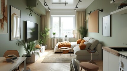 Scandinavian style small studio apartment with stylish design with big window, living room, kitchen space and bed 