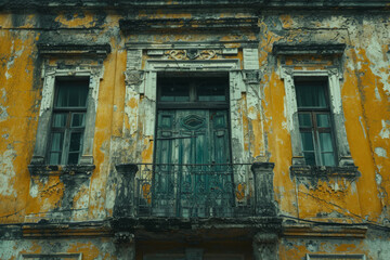 Fototapeta na wymiar An old building facade with peeling paint, showcasing the layers and changes over time. Concept of aesthetic beauty in decay and history. Generative Ai.