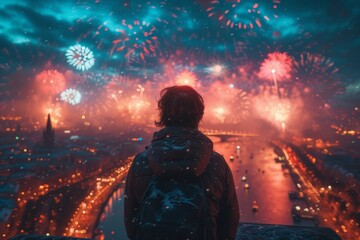 As the night sky lit up with dazzling bursts of color, a solitary figure stood in awe, basking in the mesmerizing display of fireworks