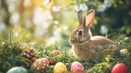 easter bunny with easter eggs on the grass