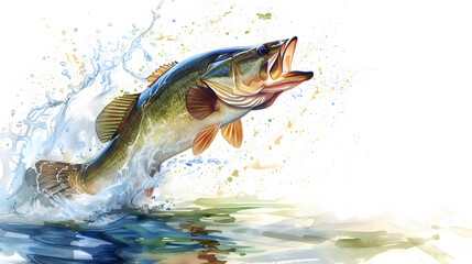 Floating diagonal stream, that looks like a ribbon from the top left corner to the bottom right corner, with a single bass jumping out of it. White background behind River and fish.