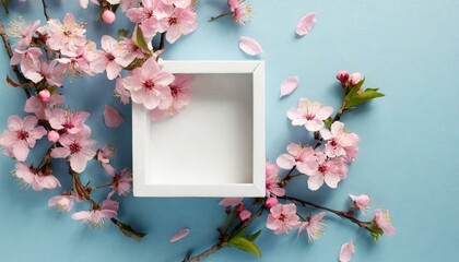 Minimal nature concept. Layout of pink sakura flowers and white box on blue background. Top view and flat lay of floral composition with copy space. - obrazy, fototapety, plakaty