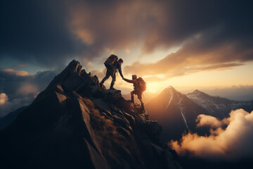 Alpinista ayuda a su compañero de equipo a escalar la cima - obrazy, fototapety, plakaty