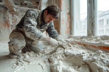 A lone figure huddles in a dilapidated building, their weary human face buried in ragged clothing, as the snow-covered ground outside whispers of forgotten hope
