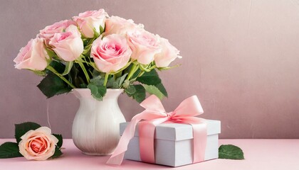 Beautiful bouquet flowers pink roses in vase and gift box with satin bow on pastel pink background table. Birthday, Wedding, Mother's Day, Valentine's day, Women's Day. Front view