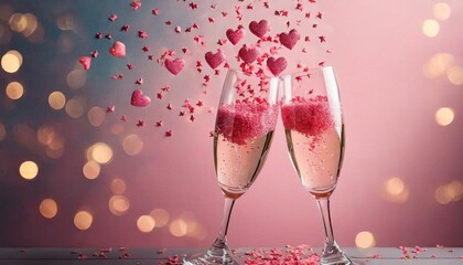 Two champagne glasses with splash of pink stars shaped confetti over pink background. Overhead view, copy space. Valentine's Day concept, love - obrazy, fototapety, plakaty