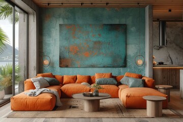 Vibrant orange couches and sleek coffee tables create a cozy and modern living space, perfect for lounging and entertaining in this well-designed studio apartment