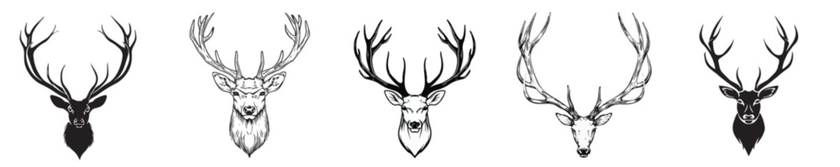 Long Deer Antlers Black and White Silhouette Vector Laser Cut T- Shirt Design Print Bundling Generative Ai
