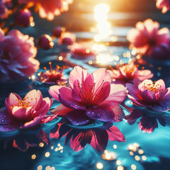 Blooming flowers float on water. Vibrant pink purple petals contrast blue water. Sunlight casts golden glow creating sparkling reflections. Close-up focus on central flower. Background blurred bokeh