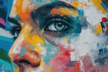 A vibrant street art mural in an urban setting showcases a colorful portrait filled with expressive, bold strokes..