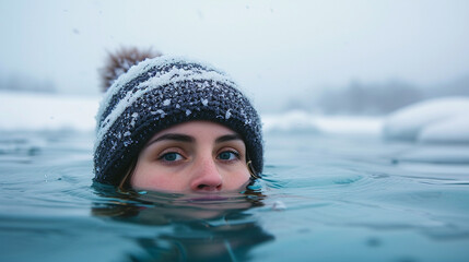a woman in blowhole, winter swimming
