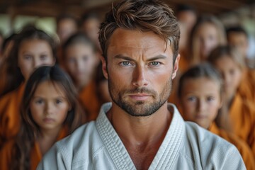Obraz premium A kindly man adorned in a traditional white kimono guides a flock of joyful children, his serene face and gentle beard a reflection of his nurturing spirit within