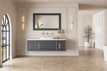 Scandinavian bathroom, classic white vintage interior design