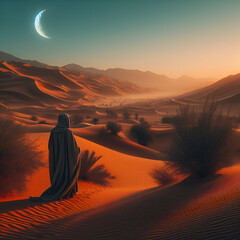 Vast Expanse Arid Desert Sand Dunes Tranquility Landscape with a Person with a Hood & Long Robe with their Back to the Camera in the Sunset Evening with a Shrub  with Crescent Moon. Ripples from Wind