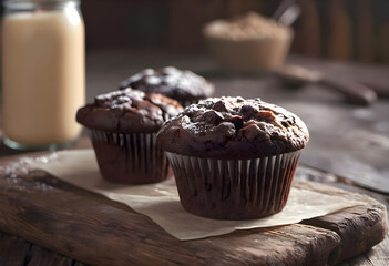 Chocolate muffins on an old wooden table in a rustic kitchen