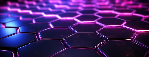Naklejka premium Wallpaper, abstract background, a black background made of hexagons and purple lights, in the style of neon, grid