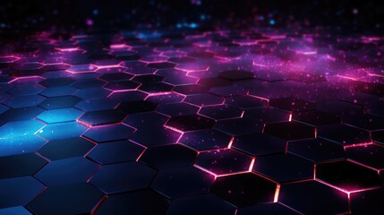 Obraz premium Wallpaper, abstract background, the purple hexagon background on a black background with light particles flying through them, in the style of neon grids, repetitive shapes