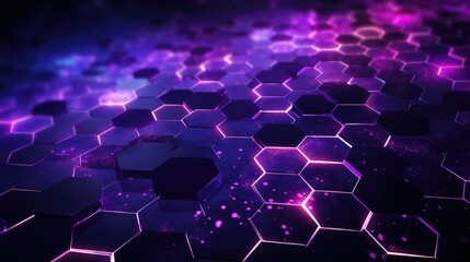 Wallpaper, abstract background, the purple hexagon background on a black background with light particles flying through them, in the style of neon grids, repetitive shapes