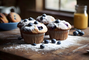 Muffins with blueberries and fresh berries on the table of the old village kitchen